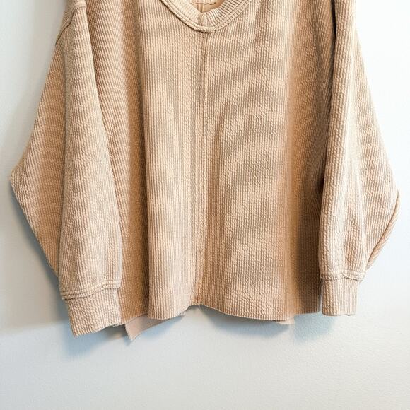 Aerie Waffle Knit Oversized Slouchy V-Neck Sweatshirt Tan Size M - Picture 5 of 14